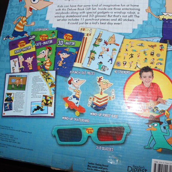 3/$88❤️PHINEAS AND FERB Deluxe Book Gift Set Skateboard 3D Glasses Wind-Up Robot - Picture 9 of 11